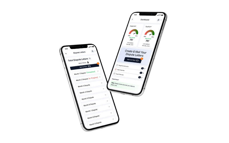 Two phones showing the Credit Repair Automate app: the dispute letters screen listing each month's dispute round, and the dashboard with each bureau's report and a button to create and mail dispute letters